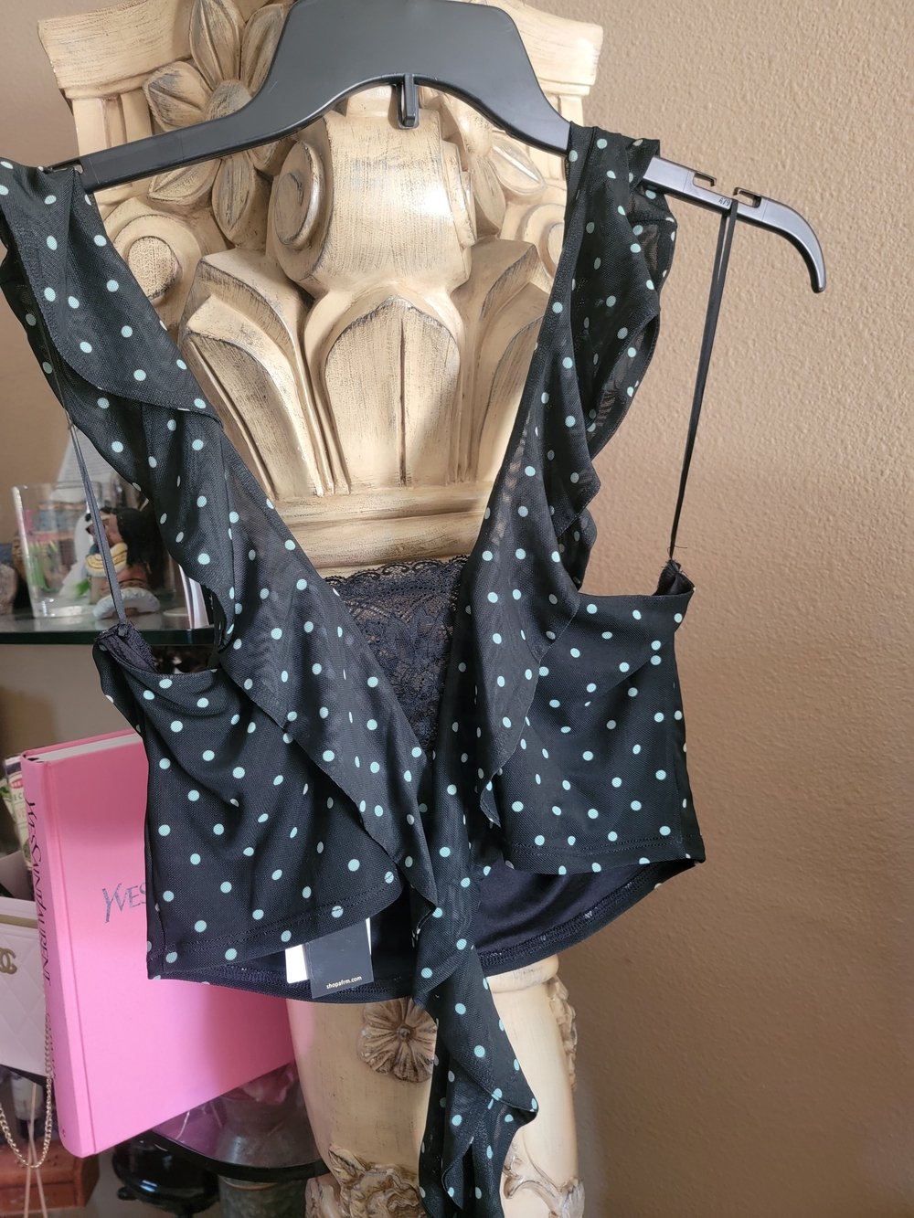 Polka Dot Ruffle Lace-Trim Women's  Top - Black/Aqua